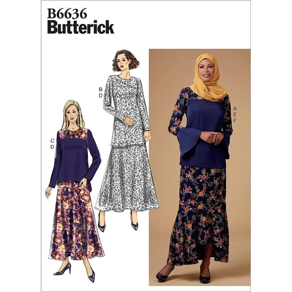 Butterick Sewing Pattern 6636 Blouse Scarf Skirt Misses Size‎ 6-14 UNCUT